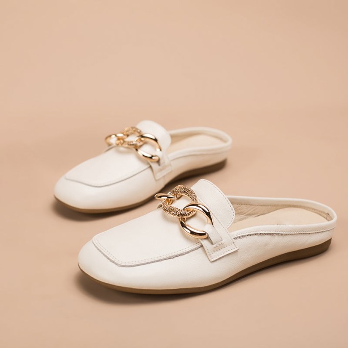 Retro Chain buckle-Detailed Leather Loafer Mules for Women Backless Loafers in Black/White