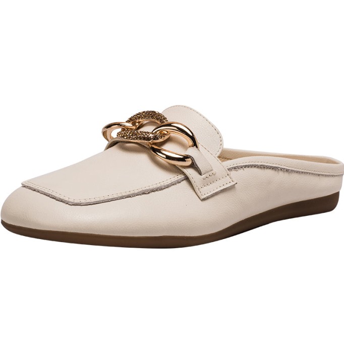 Retro Chain buckle-Detailed Leather Loafer Mules for Women Backless Loafers in Black/White