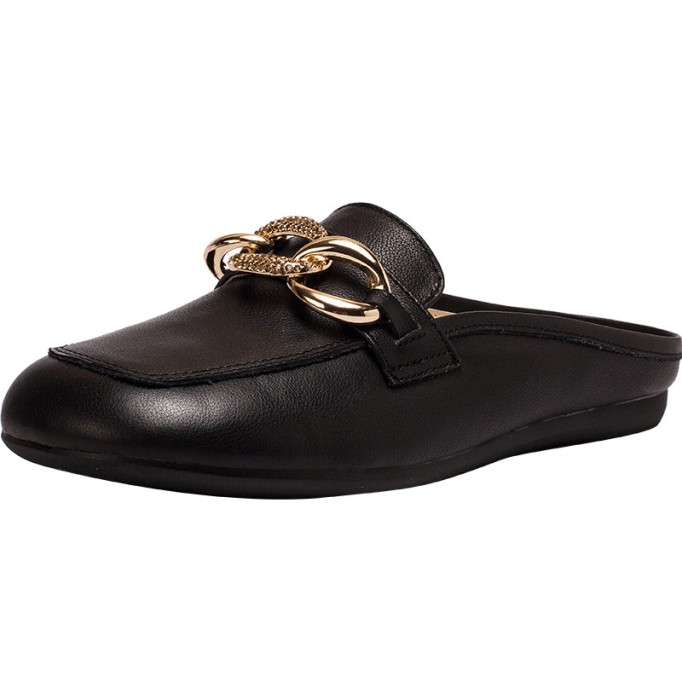 Retro Chain buckle-Detailed Leather Loafer Mules for Women Backless Loafers in Black/White