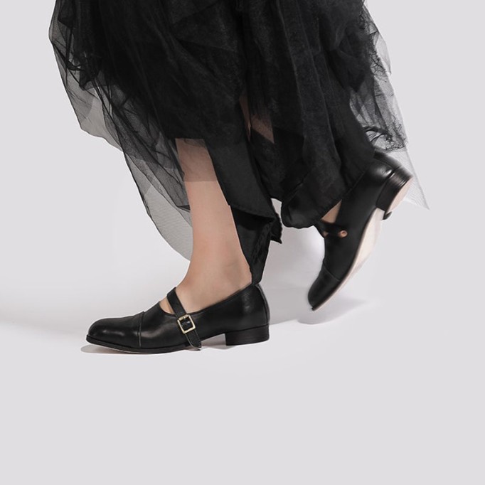Goodyear Horse Leather Shoes For Women Flat Mary Jane Leather Sole in Black