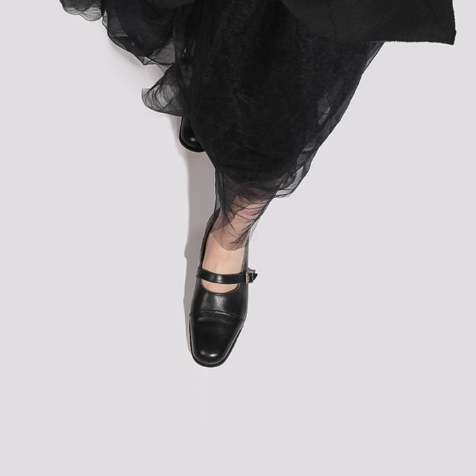 Goodyear Horse Leather Shoes For Women Flat Mary Jane Leather Sole in Black