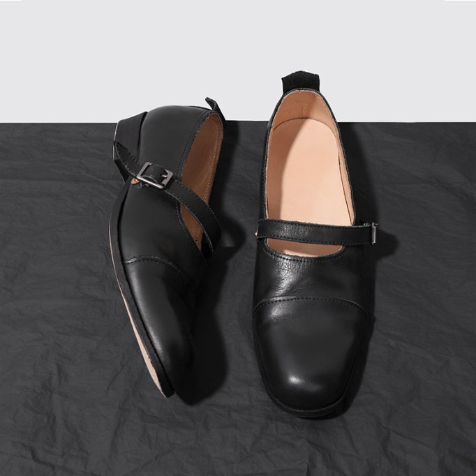 Goodyear Horse Leather Shoes For Women Flat Mary Jane Leather Sole in Black