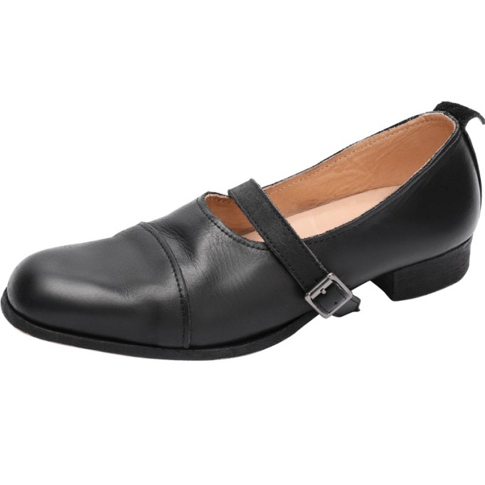 Goodyear Horse Leather Shoes For Women Flat Mary Jane Leather Sole in Black