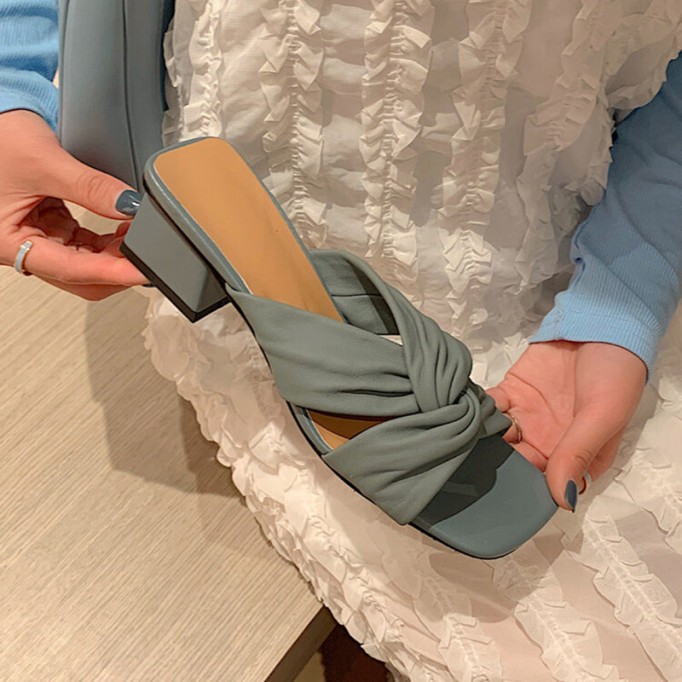 Leather Square Toe Slide Sandals Chunky Mid Heel White/Blue/Apricot