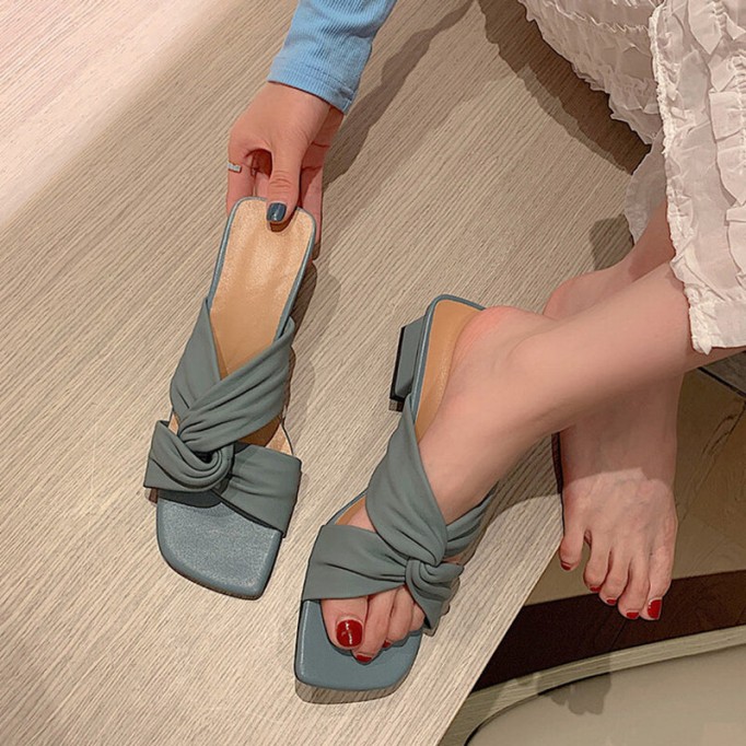 Leather Square Toe Slide Sandals Chunky Mid Heel White/Blue/Apricot