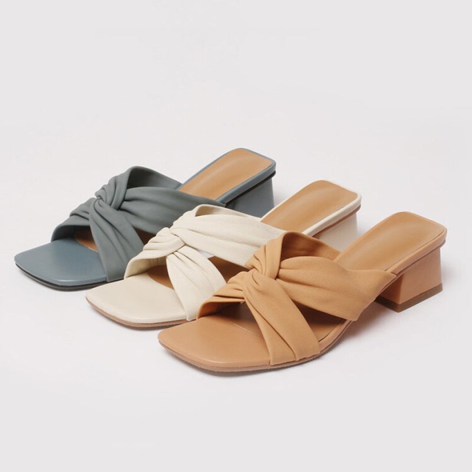 Leather Square Toe Slide Sandals Chunky Mid Heel White/Blue/Apricot