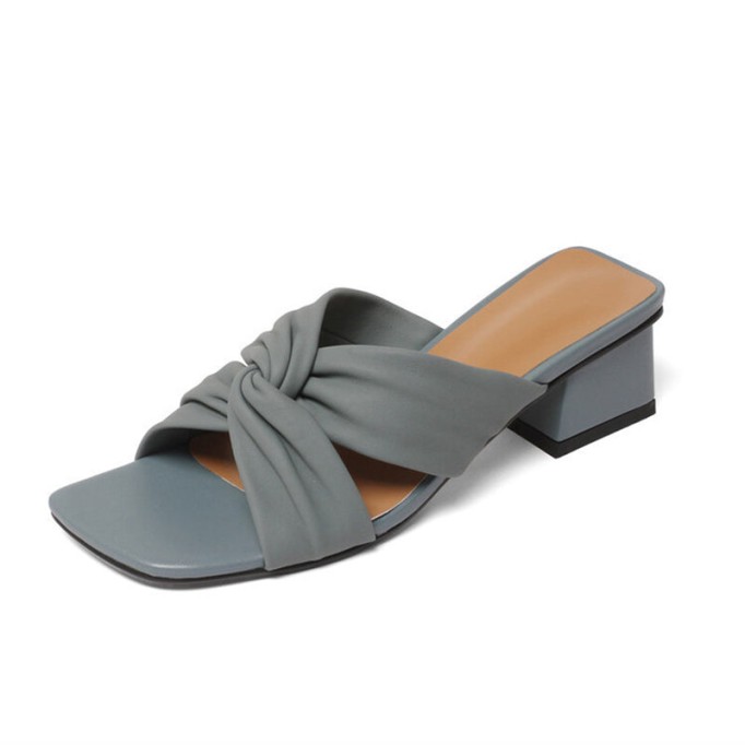 Leather Square Toe Slide Sandals Chunky Mid Heel White/Blue/Apricot