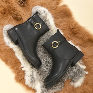 Designer Shoes Genuine Leather Round Toe Side Zip Low Heels Chic Mid-Calf Boots Black Leather Lining