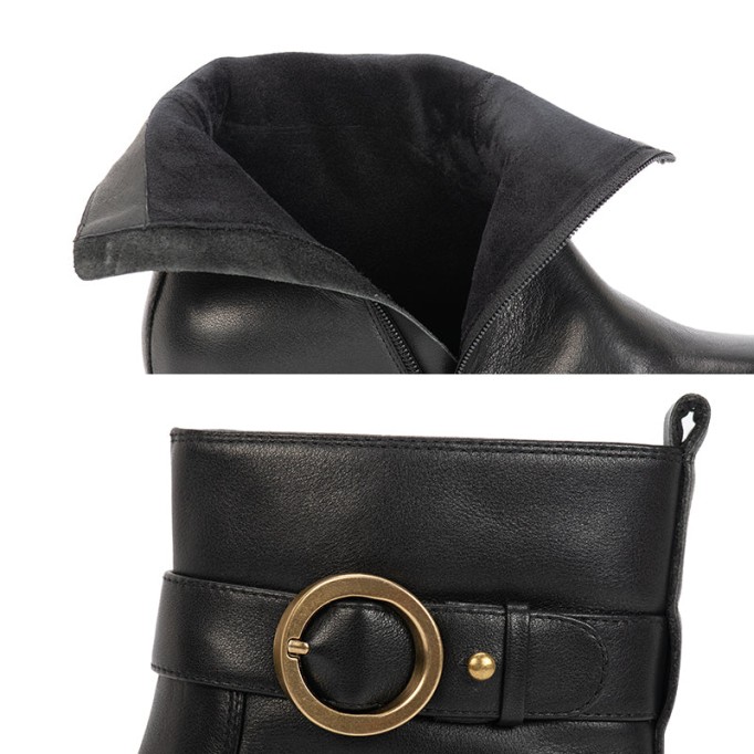 Designer Shoes Genuine Leather Round Toe Side Zip Low Heels Chic Mid-Calf Boots Black Leather Lining