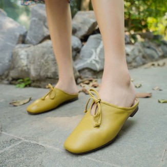 Sheepskin Mules Summer Slippers Handmade Yellow/Grey