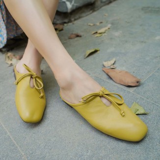 Sheepskin Mules Summer Slippers Handmade Yellow/Grey