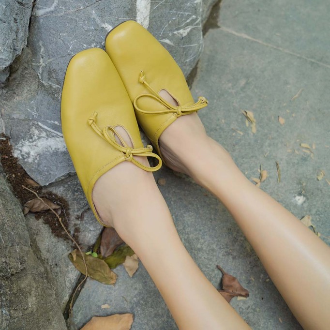 Sheepskin Mules Summer Slippers Handmade Yellow/Grey
