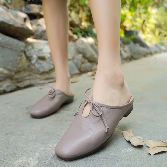 Sheepskin Mules Summer Slippers Handmade Yellow/Grey