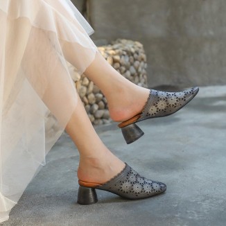 Retro Leather Mules Summer Slippers Handmade Slide Sandals Carving Design Camel/Grey