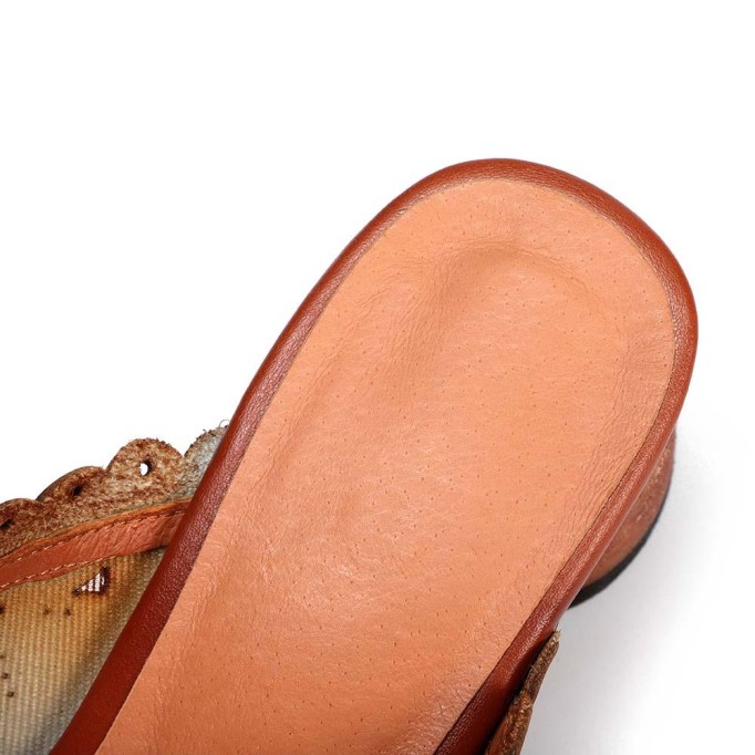 Retro Leather Mules Summer Slippers Handmade Slide Sandals Carving Design Camel/Grey