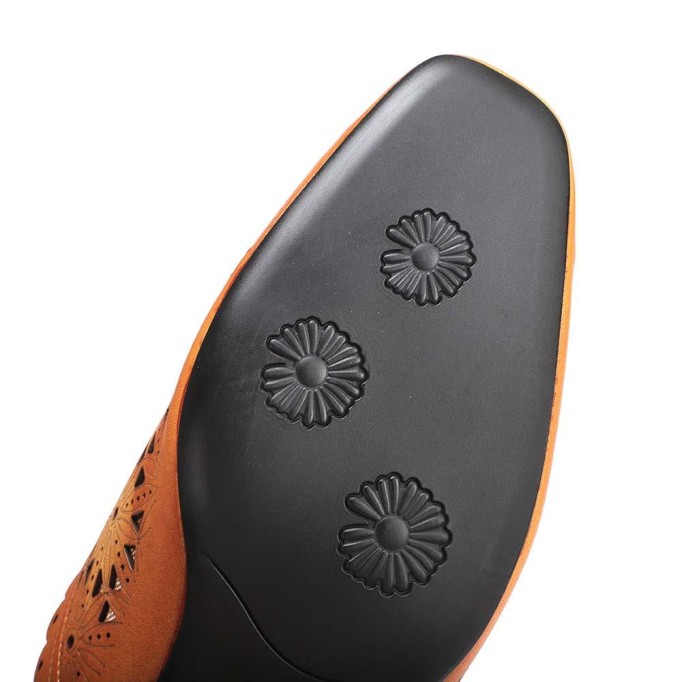 Retro Leather Mules Summer Slippers Handmade Slide Sandals Carving Design Camel/Grey