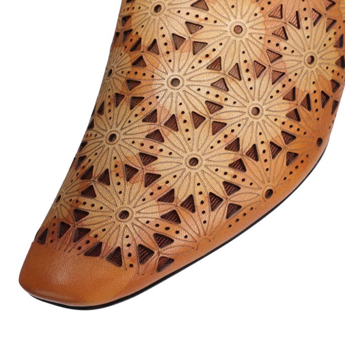 Retro Leather Mules Summer Slippers Handmade Slide Sandals Carving Design Camel/Grey