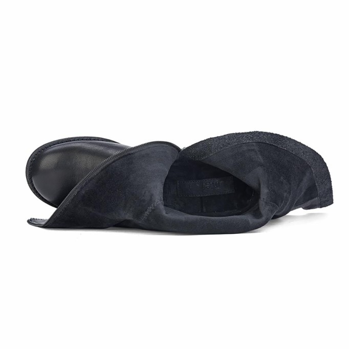 Wide Fit Handmade Soft Leather Knee High Boots Side Zip Riding Boots Black Short Plush