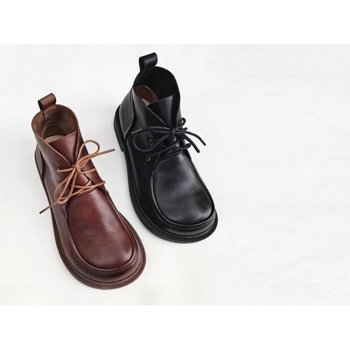 Women's Ankle Boots Oxford Shoes Round toe Lace up Genuine Leather Handmade