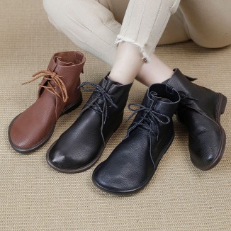 Handmade Women's Leather Booties Round Toe Lace-Up Flat Ankle Boots Brown/Black/Coffee