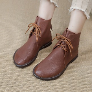 Handmade Women's Leather Booties Round Toe Lace-Up Flat Ankle Boots Brown/Black/Coffee