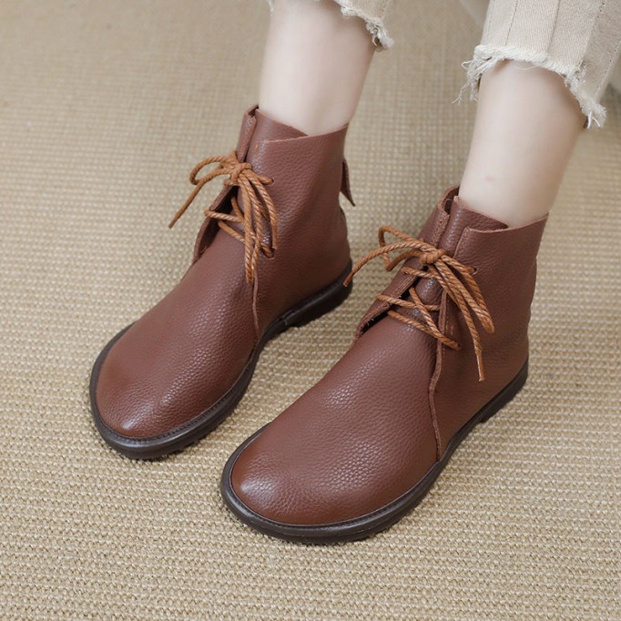 Handmade Women's Leather Booties Round Toe Lace-Up Flat Ankle Boots Brown/Black/Coffee