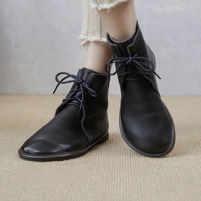 Handmade Women's Leather Booties Round Toe Lace-Up Flat Ankle Boots Brown/Black/Coffee
