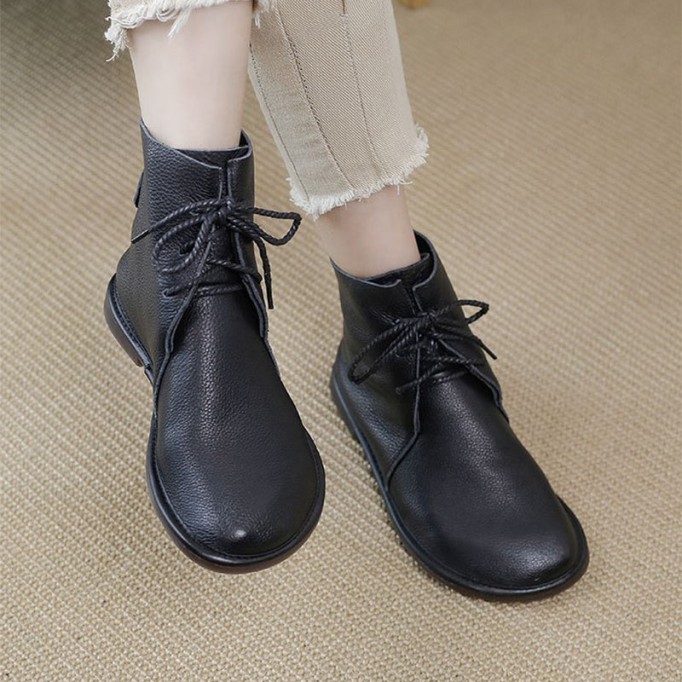 Handmade Women's Leather Booties Round Toe Lace-Up Flat Ankle Boots Brown/Black/Coffee