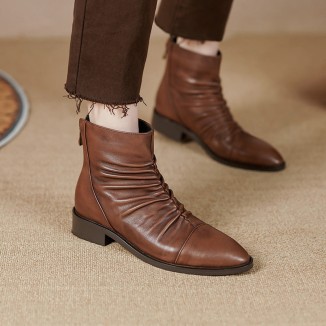 Classic Women's Leather Chelsea Boots Soft Fold Decorate and Back Zip in Black/Brown