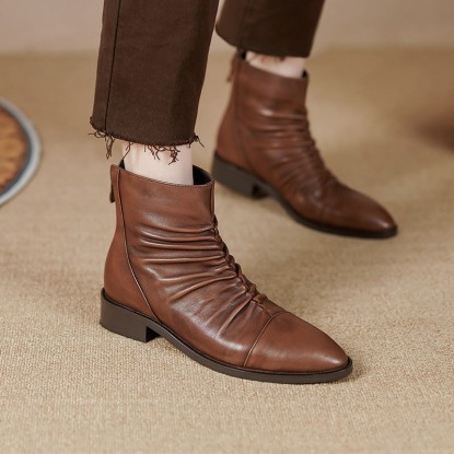 Classic Women's Leather Chelsea Boots Soft Fold Decorate and Back Zip in Black/Brown