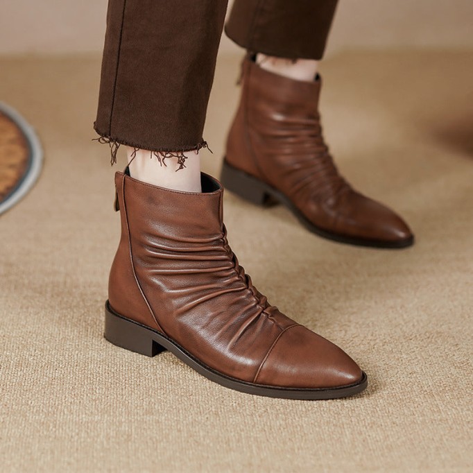 Classic Women's Leather Chelsea Boots Soft Fold Decorate and Back Zip in Black/Brown