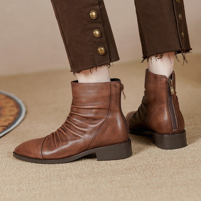 Classic Women's Leather Chelsea Boots Soft Fold Decorate and Back Zip in Black/Brown