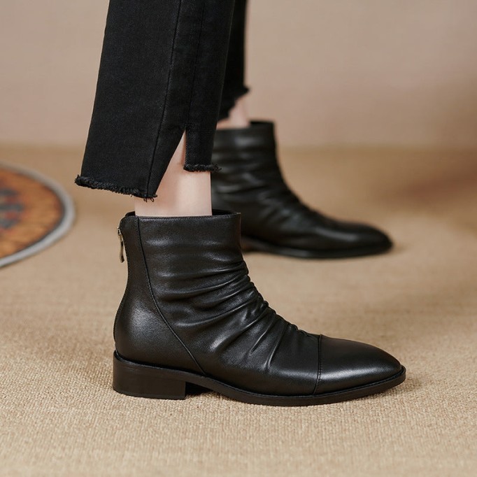 Classic Women's Leather Chelsea Boots Soft Fold Decorate and Back Zip in Black/Brown