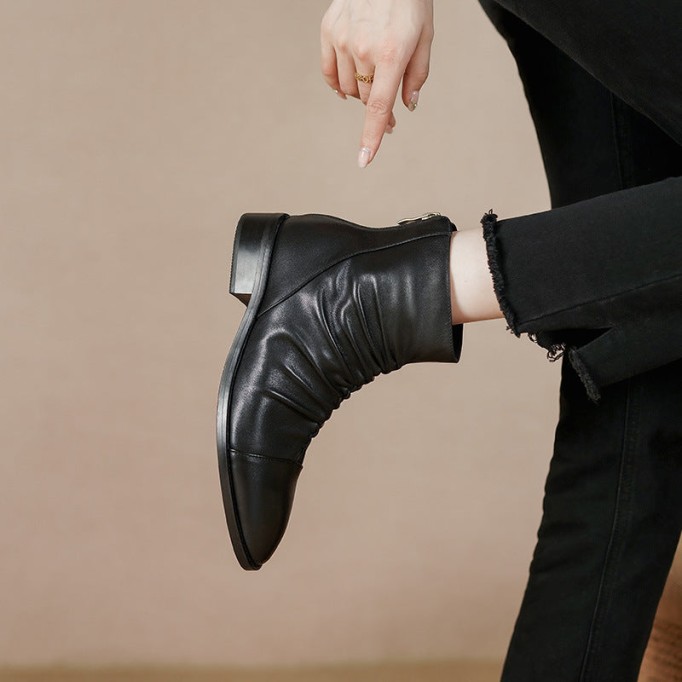 Classic Women's Leather Chelsea Boots Soft Fold Decorate and Back Zip in Black/Brown