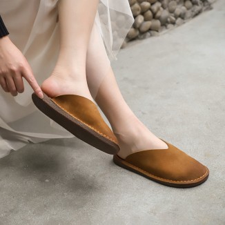 Women'S Slippers Leather Sandals Flats Casual Slip On Shoes Brown/Coffee