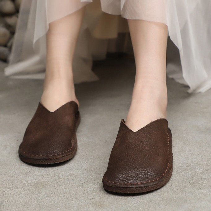 Women'S Slippers Leather Sandals Flats Casual Slip On Shoes Brown/Coffee