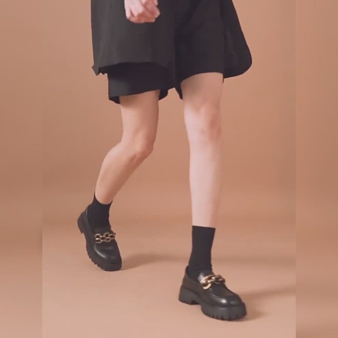 Chunky Loafers Women Genuine Cow Leather Platform Shoes Round Toe Metal Chain Slip on Ladies Flats Handmade