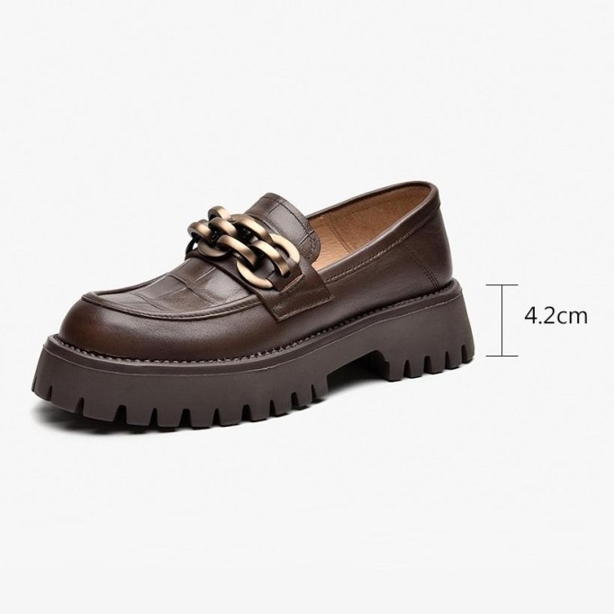 Chunky Loafers Women Genuine Cow Leather Platform Shoes Round Toe Metal Chain Slip on Ladies Flats Handmade
