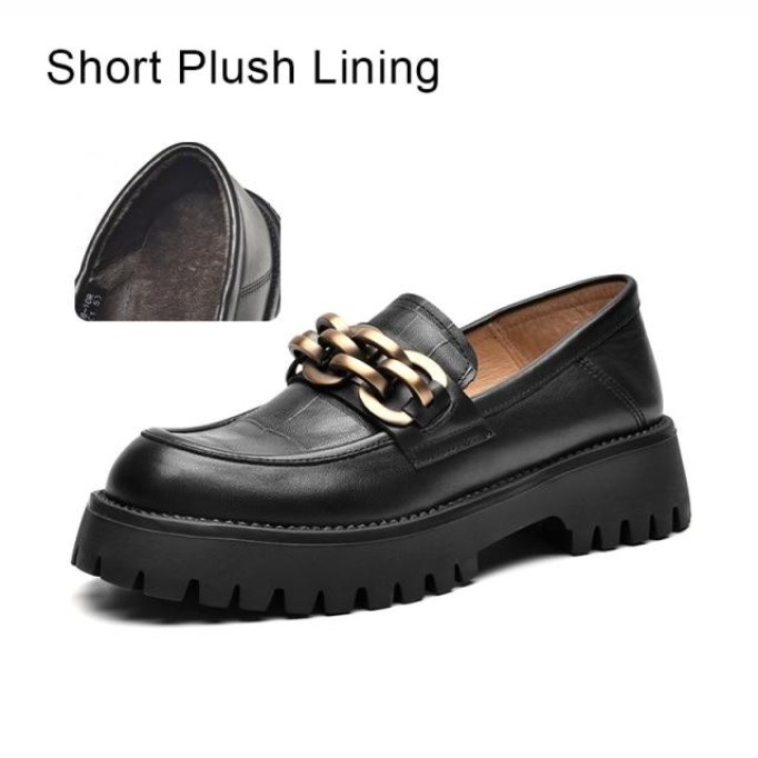 Chunky Loafers Women Genuine Cow Leather Platform Shoes Round Toe Metal Chain Slip on Ladies Flats Handmade