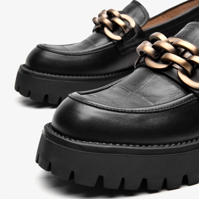 Chunky Loafers Women Genuine Cow Leather Platform Shoes Round Toe Metal Chain Slip on Ladies Flats Handmade