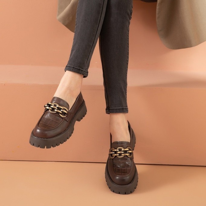 Chunky Loafers Women Genuine Cow Leather Platform Shoes Round Toe Metal Chain Slip on Ladies Flats Handmade