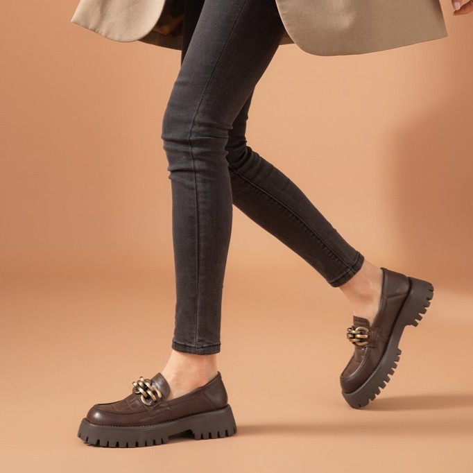 Chunky Loafers Women Genuine Cow Leather Platform Shoes Round Toe Metal Chain Slip on Ladies Flats Handmade