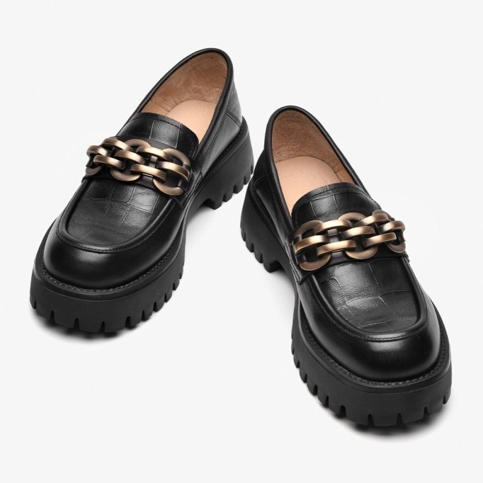 Chunky Loafers Women Genuine Cow Leather Platform Shoes Round Toe Metal Chain Slip on Ladies Flats Handmade