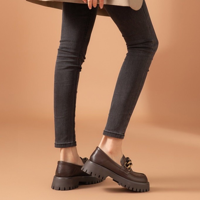 Chunky Loafers Women Genuine Cow Leather Platform Shoes Round Toe Metal Chain Slip on Ladies Flats Handmade