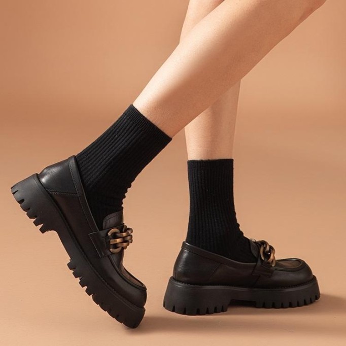 Chunky Loafers Women Genuine Cow Leather Platform Shoes Round Toe Metal Chain Slip on Ladies Flats Handmade
