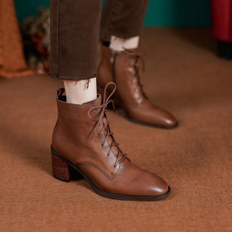 High Heel Boots Side Zip Cowhide Leather Ankle Boots Soft Walking Short Boots Brown/Black