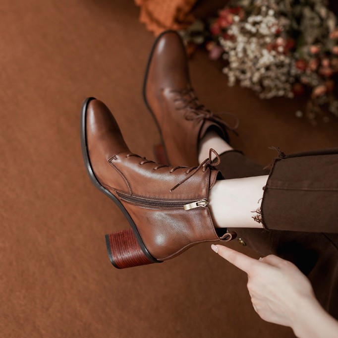 High Heel Boots Side Zip Cowhide Leather Ankle Boots Soft Walking Short Boots Brown/Black