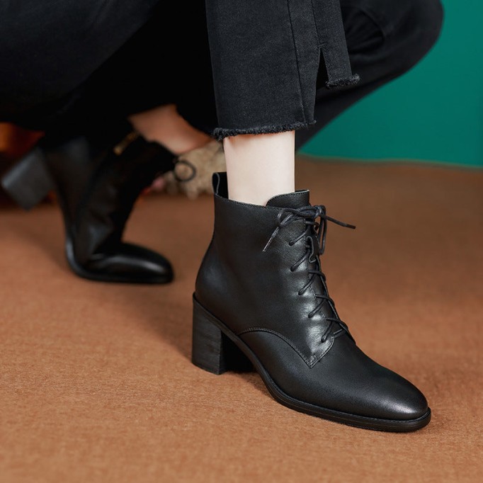 High Heel Boots Side Zip Cowhide Leather Ankle Boots Soft Walking Short Boots Brown/Black