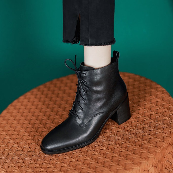 High Heel Boots Side Zip Cowhide Leather Ankle Boots Soft Walking Short Boots Brown/Black