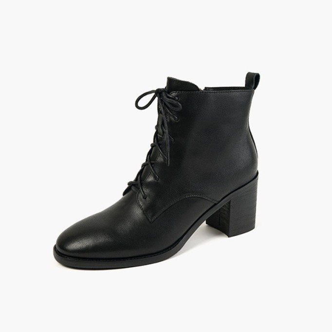 High Heel Boots Side Zip Cowhide Leather Ankle Boots Soft Walking Short Boots Brown/Black